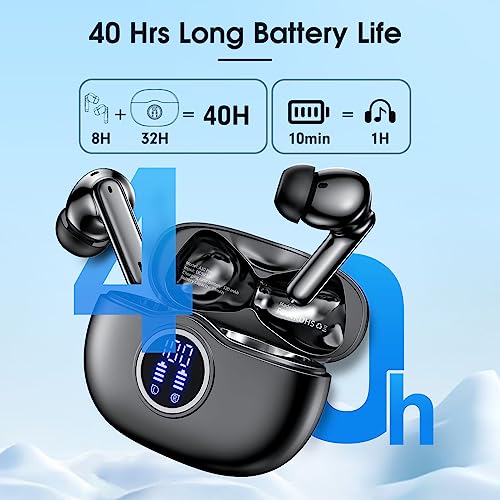 Wireless Earbuds Bluetooth 5.3 Headphones 40 Hrs Playtime with LED Display, Deep Bass Stereo and Noise Cancelling Bluetooth Ear Buds IP7 Waterproof Wireless Earphones with Mic for iPhone Android Black