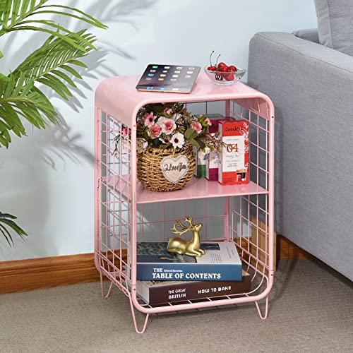 Apexchaser Metal Side Table Cute Pink Nightstand Tier End Table With Storage Vintage Bedside