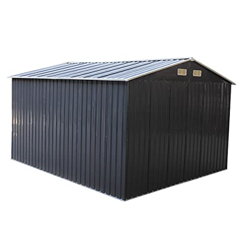 NBTiger 9.1’ x 10.5’ Large Outdoor Storage Shed, Sturdy Utility Tool Lawn Mower Equipment Organizer for Backyard Garden w/Gable Roof, Lockable Sliding Door, Vents, Floor Frame - Dark Grey