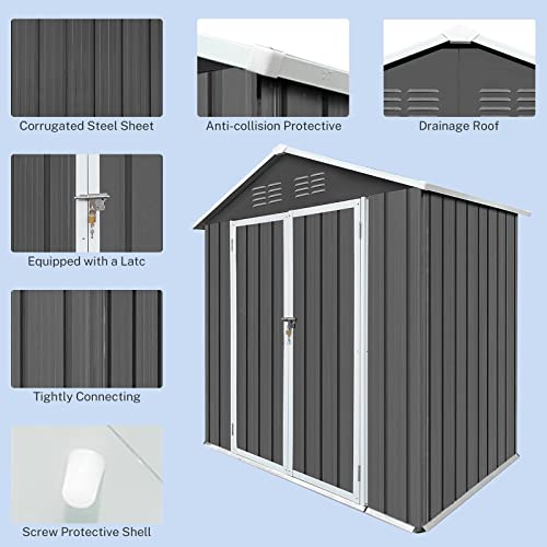 YOFE Outdoor Storage Sheds,6x4FT Outdoor Metal Storage Shed with Base Frame,Storage House with Air Vent,Lockable Door and Sloped Roof for Backyard Garden, Patio, Lawn (6x4, Grey)