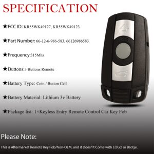 Key Fob Remote Replacement Fits for BMW 325i 328i X1 X5 X6 Z4 M3 M5 1/3/5 Series CAS3 2005 2006 2007 2008 2009 2010 2011 2012 2013 KR55WK49127 KR55WK49123 Keyless Entry Remote Control 66126986583