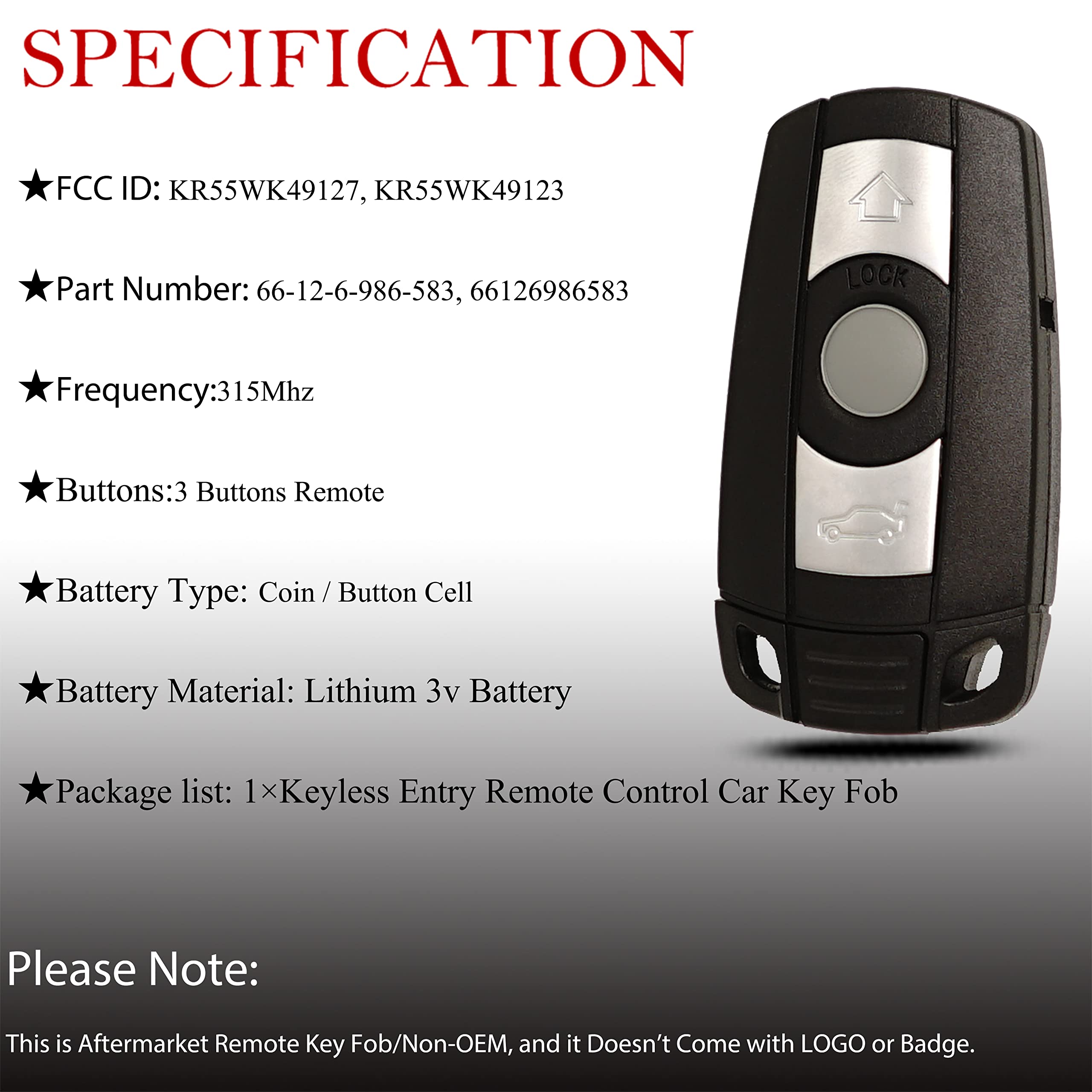 Key Fob Remote Replacement Fits for BMW 325i 328i X1 X5 X6 Z4 M3 M5 1/3/5 Series CAS3 2005 2006 2007 2008 2009 2010 2011 2012 2013 KR55WK49127 KR55WK49123 Keyless Entry Remote Control 66126986583