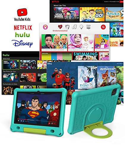 10 Inch Kids Tablet, Android 12 Tablets for Kids, Toddler Tablet with 3GB RAM 64GB ROM, Dual Camera 1280x800 HD IPS Touchscreen 6000mAh Pre-Installed Parental Control Kid-Proof Case (Blue-Green)