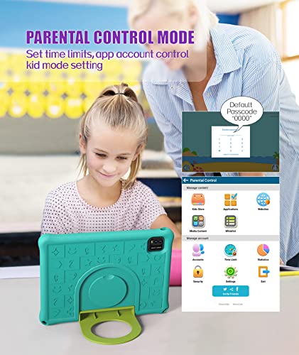 10 Inch Kids Tablet, Android 12 Tablets for Kids, Toddler Tablet with 3GB RAM 64GB ROM, Dual Camera 1280x800 HD IPS Touchscreen 6000mAh Pre-Installed Parental Control Kid-Proof Case (Blue-Green)
