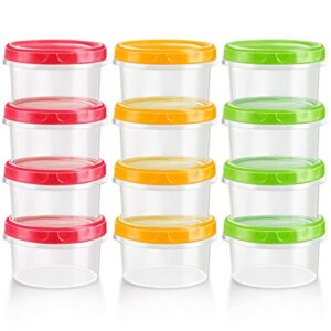 zezzxu 12 pack 8 oz small plastic containers with screw on lids, reusable deli containers stackable food storage jars, microwave & freezer safe (red/green/yellow)