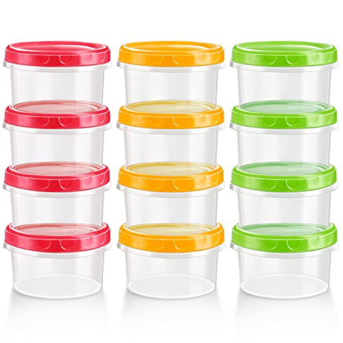 Zezzxu 12 Pack 8 oz Small Plastic Containers with Screw on Lids, Reusable Deli Containers Stackable Food Storage Jars, Microwave & Freezer Safe (Red/Green/Yellow)