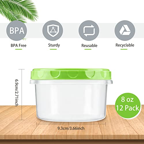 Zezzxu 12 Pack 8 oz Small Plastic Containers with Screw on Lids, Reusable Deli Containers Stackable Food Storage Jars, Microwave & Freezer Safe (Red/Green/Yellow)