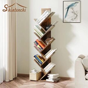 Shintenchi 9 Tier Tree Bookshelf, Bookcase Wooden Shelves, Display Floor Book Shelf Space Saver for Living Room, Home Office, Bedroom, Rustic Brown