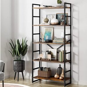 shintenchi 5 tiers bookshelf, classically tall bookcase shelf, industrial book rack, modern book holder in bedroom/living room/home/office, storage rack shelves for books/movies-rustic brown