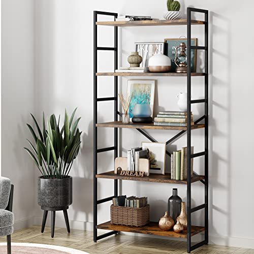 Shintenchi 5 Tiers Bookshelf, Classically Tall Bookcase Shelf, Industrial Book Rack, Modern Book Holder in Bedroom/Living Room/Home/Office, Storage Rack Shelves for Books/Movies-Rustic Brown