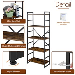Shintenchi 5 Tiers Bookshelf, Classically Tall Bookcase Shelf, Industrial Book Rack, Modern Book Holder in Bedroom/Living Room/Home/Office, Storage Rack Shelves for Books/Movies-Rustic Brown
