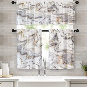tayney marble kitchen curtains white grey gold window curtains and valances set 36 inch, abstract texture art short tier curtain for kitchen, modern luxury small kitchen decor