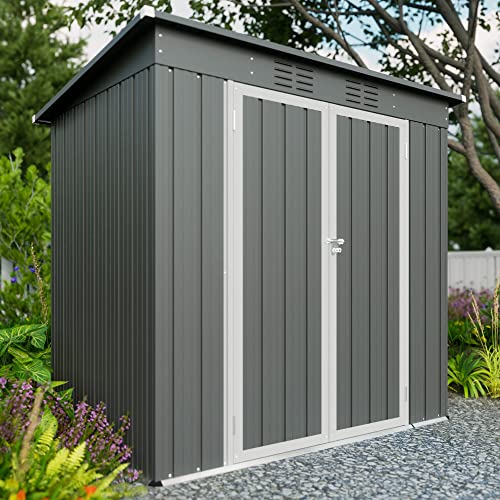 Hootata 6' × 4' Metal Outdoor Storage Shed with Door & Lock, Galvanized Waterproof Garden Storage Tool Shed with Base Frame for Backyard Patio, Grey