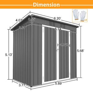 Hootata 6' × 4' Metal Outdoor Storage Shed with Door & Lock, Galvanized Waterproof Garden Storage Tool Shed with Base Frame for Backyard Patio, Grey