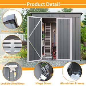 Hootata 6' × 4' Metal Outdoor Storage Shed with Door & Lock, Galvanized Waterproof Garden Storage Tool Shed with Base Frame for Backyard Patio, Grey