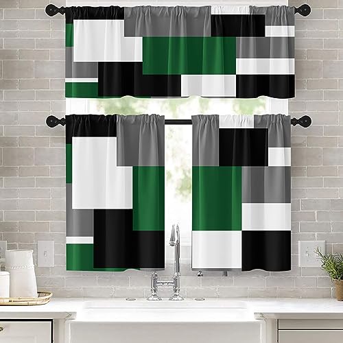 Tayney Green Geometric Kitchen Curtains Checkered Window Curtains and Valances Set 36 Inch, Black Grey White Short Tier Curtain for Kitchen, Modern Abstract Small Kitchen Decor