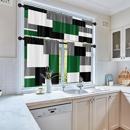 Tayney Green Geometric Kitchen Curtains Checkered Window Curtains and Valances Set 36 Inch, Black Grey White Short Tier Curtain for Kitchen, Modern Abstract Small Kitchen Decor