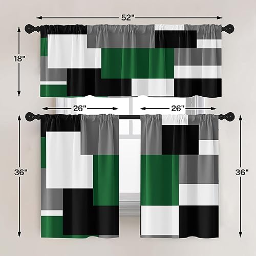 Tayney Green Geometric Kitchen Curtains Checkered Window Curtains and Valances Set 36 Inch, Black Grey White Short Tier Curtain for Kitchen, Modern Abstract Small Kitchen Decor