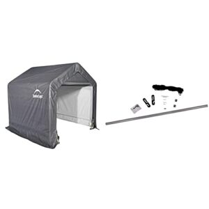 shelterlogic 6' x 6' shed-in-a-box all season steel metal frame peak roof outdoor storage shed with waterproof cover and heavy duty auger anchors, grey & shelterlogic pull-eaze roll-up door kit