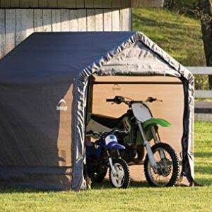 ShelterLogic 6' x 6' Shed-in-a-Box All Season Steel Metal Frame Peak Roof Outdoor Storage Shed with Waterproof Cover and Heavy Duty Auger Anchors, Grey & ShelterLogic Pull-Eaze Roll-Up Door Kit