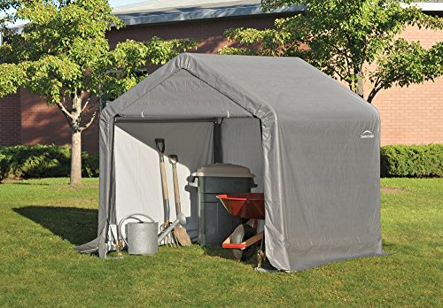 ShelterLogic 6' x 6' Shed-in-a-Box All Season Steel Metal Frame Peak Roof Outdoor Storage Shed with Waterproof Cover and Heavy Duty Auger Anchors, Grey & ShelterLogic Pull-Eaze Roll-Up Door Kit