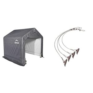 shelterlogic 6' x 6' shed-in-a-box all season steel metal frame peak roof outdoor storage shed, grey & shelterlogic 4-piece easy hook anchor kit with 4 cable clamps and driving rod, 30-inch