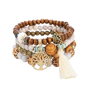 Tree of Life Leather Bracelets for Women Bohemian Stretch Wood Beaded Bracelets for Women Boho Tassel Bracelet Multilayer Stackable Bracelets Christmas Birthday Jewelry Gifts for Teens Girls