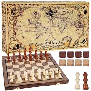 Magnetic Chess and Game Checkers Set for Adults, Teens and Kids - 15” Foldable Board Game with Luxury Handcrafted Wooden Staunton Pieces - Portable for Travel