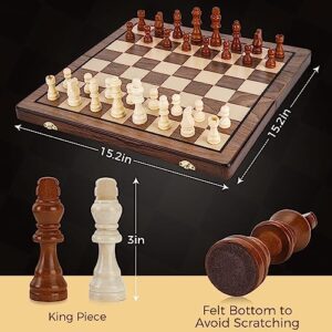 Magnetic Chess and Game Checkers Set for Adults, Teens and Kids - 15” Foldable Board Game with Luxury Handcrafted Wooden Staunton Pieces - Portable for Travel