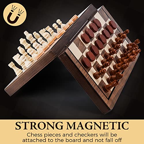 Magnetic Chess and Game Checkers Set for Adults, Teens and Kids - 15” Foldable Board Game with Luxury Handcrafted Wooden Staunton Pieces - Portable for Travel