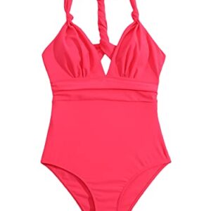 Floerns Women's Cut Out Twist Front Ruched Bust Plunge Neck One Piece Swimsuit Watermelon Pink M