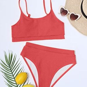 MakeMeChic Women's Ribbed High Waisted Bikini Sets Swimsuit Bathing Suit Watermelon Pink XL