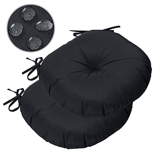 GUEGLSA Outdoor Tufted Round Cushions 15 inch, Waterproof Bistro Chair Cushions 15"x15"x4", Circular Seat Pads with Ties for Patio Garden, Set of 2, Black