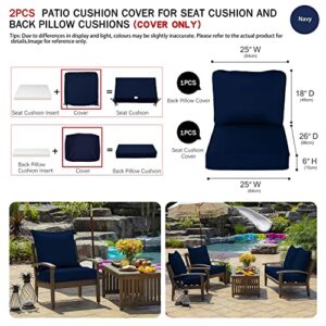2Pcs Outdoor Patio Seat Cushion and Back Pillow Replacement Covers Set Fit for Sectional Sofa Chair Loveseat Couch Furniture Seating,Splashproof Fadeless,25Wx26Dx6H,25Wx18Dx6H,Navy-Covers Only