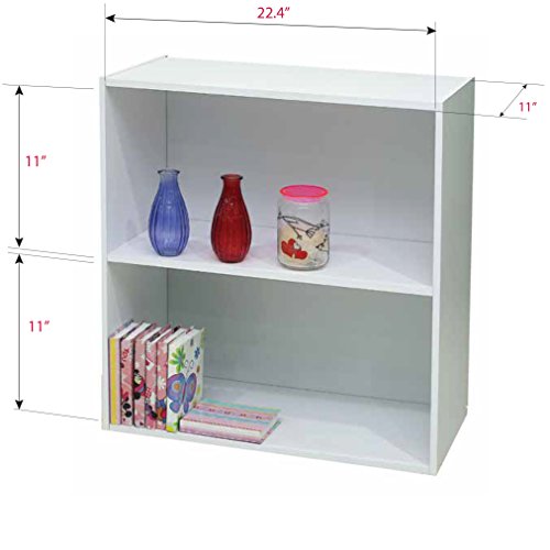 KB Designs 2 Tier Open Shelf Bookcase Storage Organizer, White Wood, Contemporary.