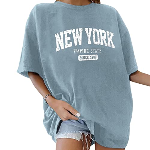 Women’s Oversized New York Letter Graphic Print Short Sleeve Tunic Tops Crew Neck Loose Fit Tee Casual T Shirts