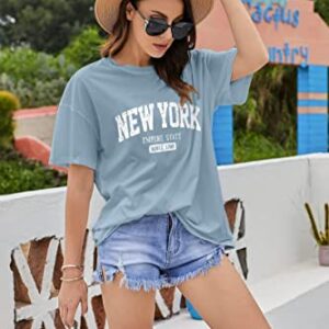 Women’s Oversized New York Letter Graphic Print Short Sleeve Tunic Tops Crew Neck Loose Fit Tee Casual T Shirts