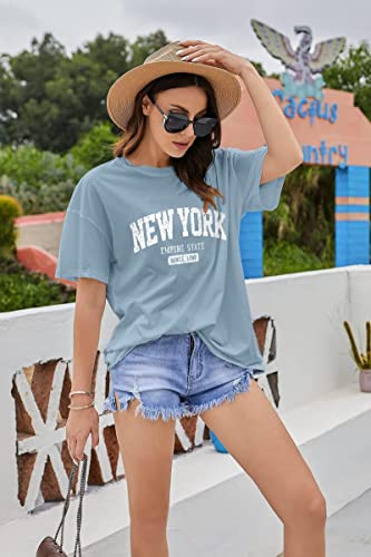 Women’s Oversized New York Letter Graphic Print Short Sleeve Tunic Tops Crew Neck Loose Fit Tee Casual T Shirts