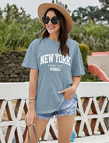 Women’s Oversized New York Letter Graphic Print Short Sleeve Tunic Tops Crew Neck Loose Fit Tee Casual T Shirts