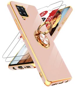 leyi for samsung galaxy a42 5g case with tempered glass screen protector [2 pack] 360° rotatable ring holder magnetic kickstand, plating rose gold edge protective case, pink