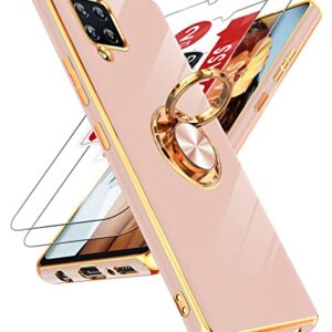 LeYi for Samsung Galaxy A42 5G Case with Tempered Glass Screen Protector [2 Pack] 360° Rotatable Ring Holder Magnetic Kickstand, Plating Rose Gold Edge Protective Case, Pink