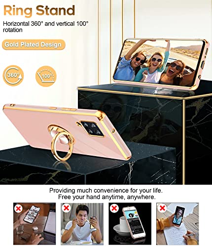 LeYi for Samsung Galaxy A42 5G Case with Tempered Glass Screen Protector [2 Pack] 360° Rotatable Ring Holder Magnetic Kickstand, Plating Rose Gold Edge Protective Case, Pink