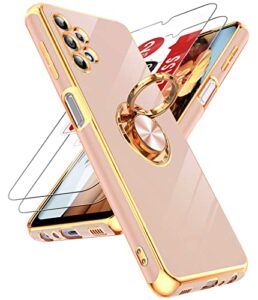 leyi for samsung galaxy a32 5g case with tempered glass screen protector [2 pack] 360° rotatable ring holder magnetic kickstand, plating rose gold edge protective case, pink
