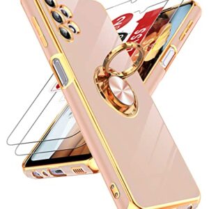 LeYi for Samsung Galaxy A32 5G Case with Tempered Glass Screen Protector [2 Pack] 360° Rotatable Ring Holder Magnetic Kickstand, Plating Rose Gold Edge Protective Case, Pink