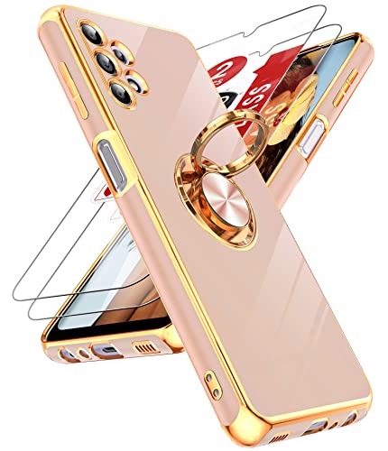 LeYi for Samsung Galaxy A32 5G Case with Tempered Glass Screen Protector [2 Pack] 360° Rotatable Ring Holder Magnetic Kickstand, Plating Rose Gold Edge Protective Case, Pink