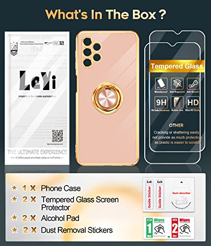 LeYi for Samsung Galaxy A32 5G Case with Tempered Glass Screen Protector [2 Pack] 360° Rotatable Ring Holder Magnetic Kickstand, Plating Rose Gold Edge Protective Case, Pink