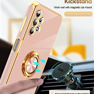 LeYi for Samsung Galaxy A32 5G Case with Tempered Glass Screen Protector [2 Pack] 360° Rotatable Ring Holder Magnetic Kickstand, Plating Rose Gold Edge Protective Case, Pink