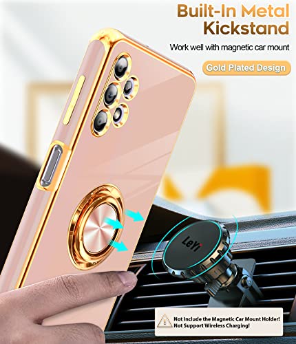 LeYi for Samsung Galaxy A32 5G Case with Tempered Glass Screen Protector [2 Pack] 360° Rotatable Ring Holder Magnetic Kickstand, Plating Rose Gold Edge Protective Case, Pink