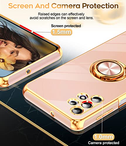 LeYi for Samsung Galaxy A32 5G Case with Tempered Glass Screen Protector [2 Pack] 360° Rotatable Ring Holder Magnetic Kickstand, Plating Rose Gold Edge Protective Case, Pink