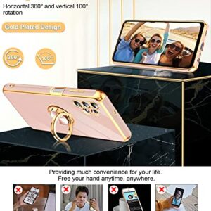 LeYi for Samsung Galaxy A32 5G Case with Tempered Glass Screen Protector [2 Pack] 360° Rotatable Ring Holder Magnetic Kickstand, Plating Rose Gold Edge Protective Case, Pink